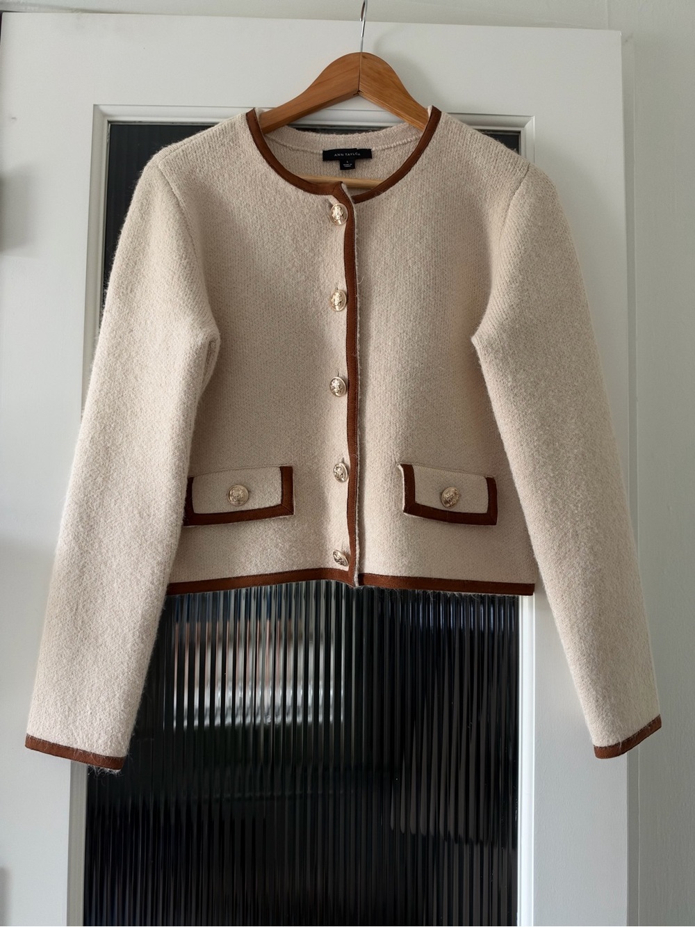 NWOT Ann Taylor Faux Suede Trim Sweater Jacket, Gold Buttons, Lady Jacket